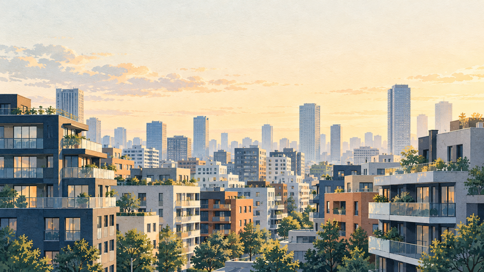 東京の住宅街をイメージした、集合住宅と街路樹のイラスト